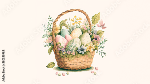 Vintage Style Colorful Printed Eggs Inside Floral Basket And Copy Space. Easter Concept.