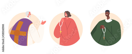 Catholic Priest And Prayers Isolated Religious Round Icons or Avatars. Characters With Clasped Hands Holding Rosary