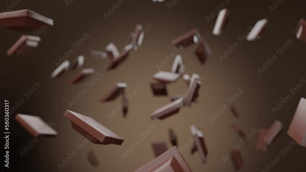Realistic 3D animation of the milk chocolate pieces falling from the top. High quality 4k rendered footage