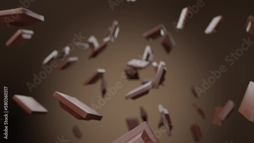 Realistic 3D animation of the milk chocolate pieces falling from the top. High quality 4k rendered footage