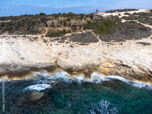 Obraz na płótnie drone shot of Cape Kamenjak, a protected natural area on the southern tip of the Istrian peninsula in Croatia, Europe w salonie