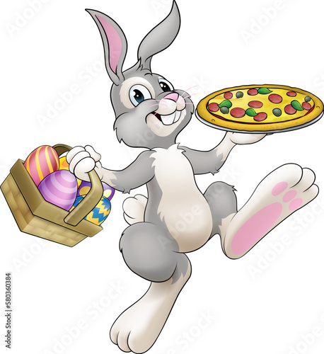 An Easter bunny rabbit cartoon character serving or delivering pizza from a food restaurant, possibly the chef