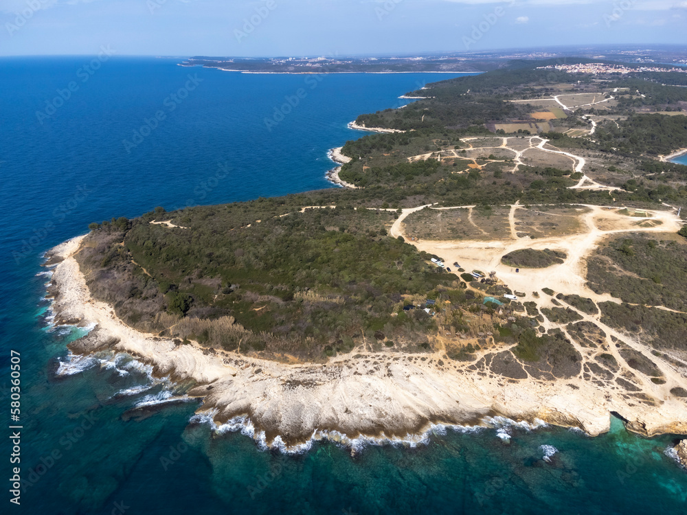 drone shot of Cape Kamenjak, a protected natural area on the southern tip of the Istrian peninsula in Croatia, Europe
