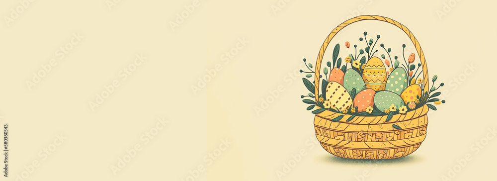 Doddle Style Colorful Printed Eggs Inside Floral Basket Against Pastel Yellow Background And Copy Space. Easter Concept.