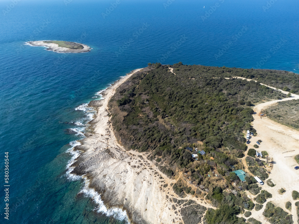 drone shot of Cape Kamenjak, a protected natural area on the southern tip of the Istrian peninsula in Croatia, Europe