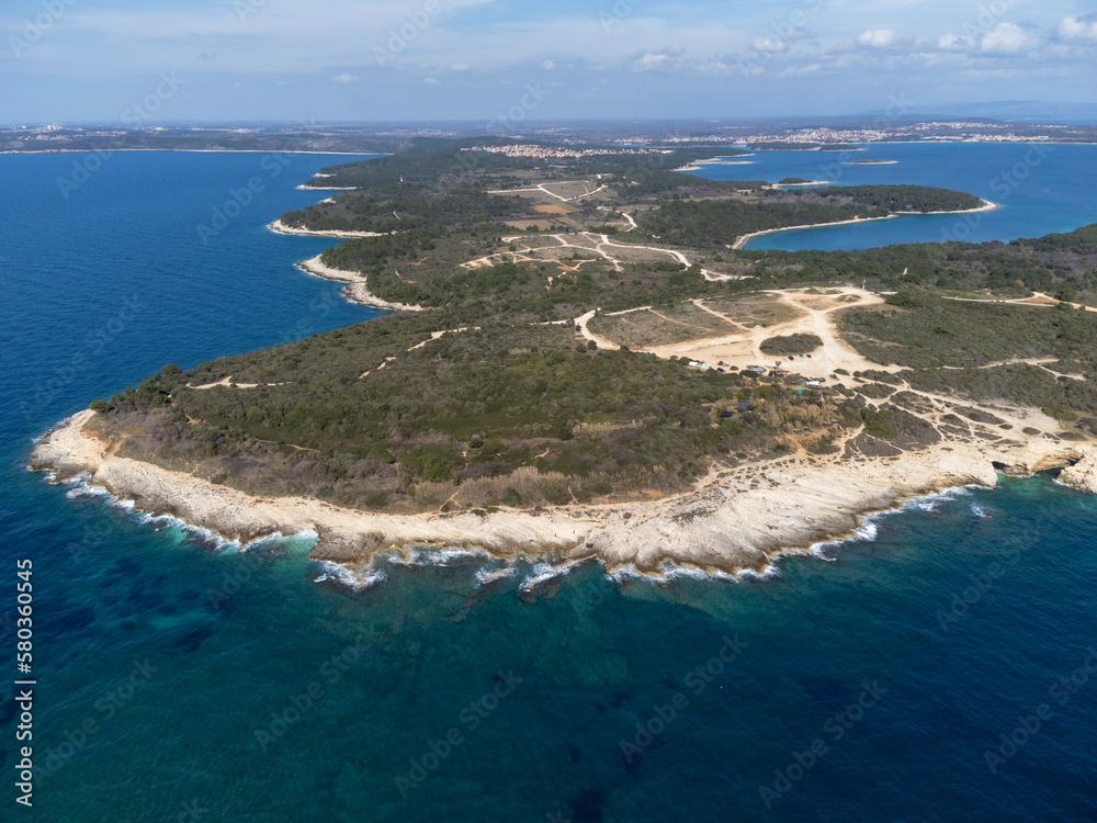 drone shot of Cape Kamenjak, a protected natural area on the southern tip of the Istrian peninsula in Croatia, Europe
