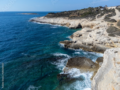 Obraz na płótnie drone shot of Cape Kamenjak, a protected natural area on the southern tip of the Istrian peninsula in Croatia, Europe w salonie