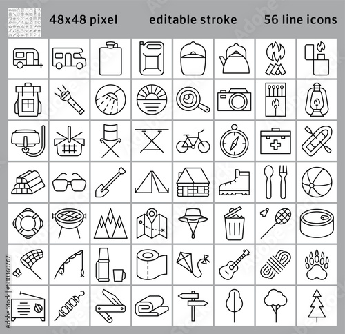 Camping line icon set. Collection of outdoor, travel and hiking vector symbols. 
