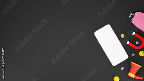 3D Render, Top View of Blank Smartphone Screen With Emojies, Like, Magnet, Carry Bag, Megaphone Icons On Black Background And Copy Space.