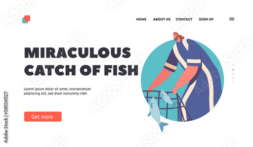 Wonderful Catch Biblical Event Landing Page Template. Jesus And Apostle Characters Miraculously Caught Fish