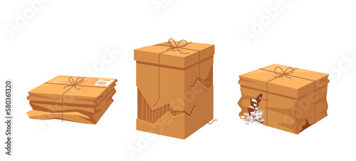 Cardboard Boxes In Damaged State With Creases And Showing Signs Of Wear And Tear From Rough Handling Or Transportation