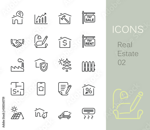 Real estate outline icons. Set of 20 real estate outline icons, vector illustrations. 
Contains such as: solar panel, moving, rent, sale, factory and more.