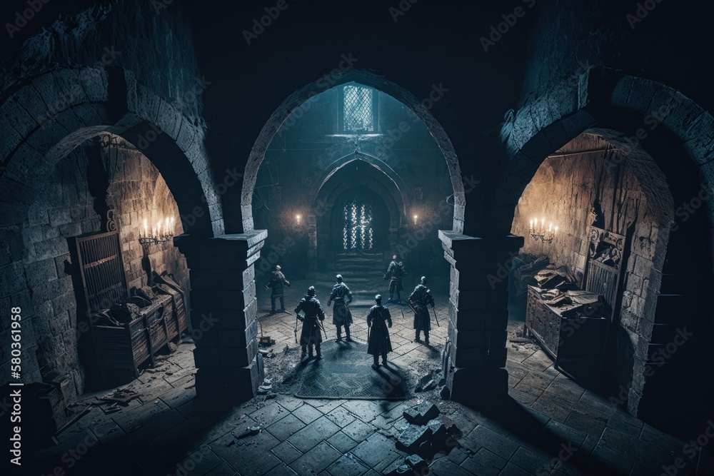 Exploring a Gothic Castle Dungeon: Epic Composition with Unreal Engine 5, Insane Details and Beautifully Color-Coded Interiors , Generative ai - obrazy, fototapety, plakaty 