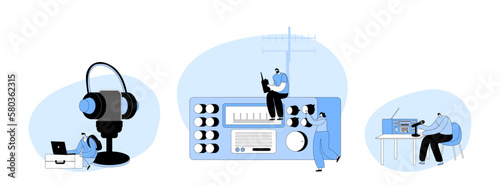 Set Tiny Male Or Female Characters Radio Amateurs At Huge Receiver. Men And Women Using Walkie Talkie, Program