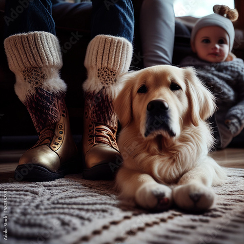 Woman or man and baby legs and cute golden retriever dog on carpet. Family relax time. Winter Christmas holidays and hygge concept. Atmospheric moments lifestyle AI generated