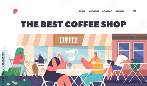 The Best Coffee Shop Landing Page Template. Characters Sitting, Chatting And Enjoying Coffee In Street Cafe
