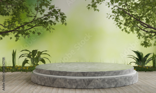 wooden floor and podium display design, 3d illustration rendering