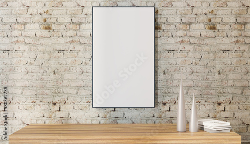 Picture frame in white room mock up design, 3d illustration rendering