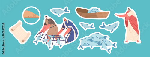 Set of Stickers Wonderful Catch Biblical Theme. h Jesus and Apostle Characters Caught A Large Amount Of Fish with Net