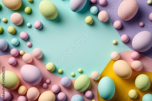 Easter background in trendy colors, copy space for text. Happy Easter concept. Spring Easter Egg Design, easter eggs decoration. Holidays banner header background. Greeting card, banner. Generative AI