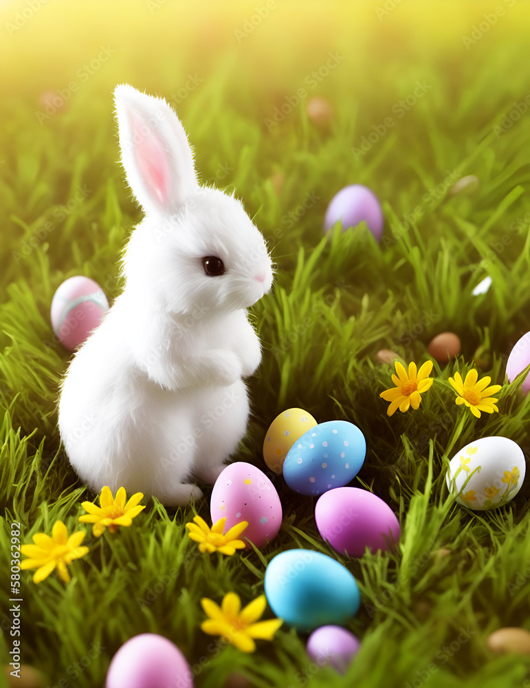 Fototapeta premium cute easter bunny on meadow with easter eggs generative Ai