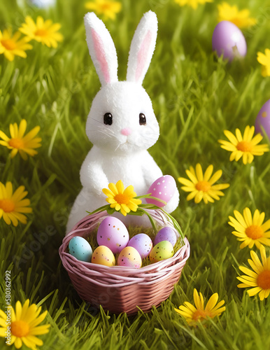 cute easter bunny on meadow with easter eggs generative Ai © Mr. WashiWashi