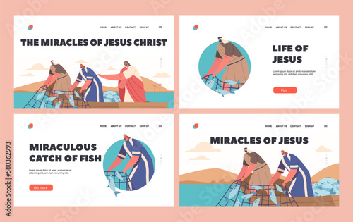 The Miracles Of Jesus Christ Landing Page Template Set. Wonderful Catch Biblical Event. Jesus And Apostles Caught Fish