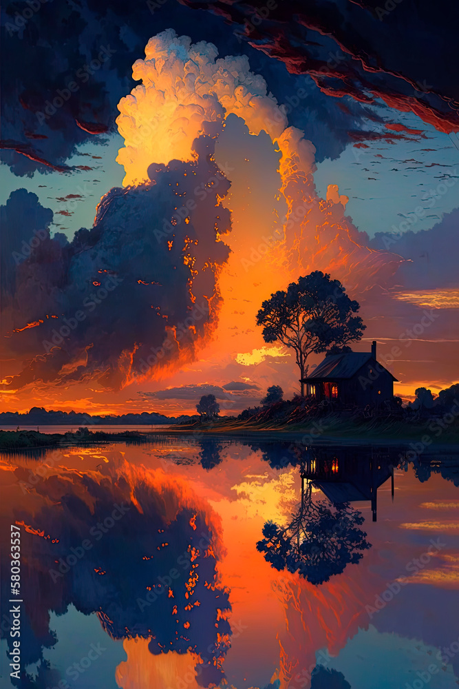 A sunset over a lake. Generative AI