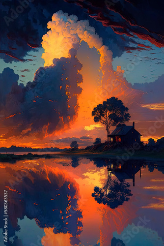 A sunset over a lake. Generative AI
