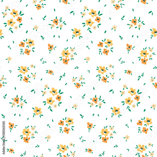 Seamless floral pattern, liberty ditsy print with mini cute flowers. Pretty botanical design of hand drawn flora: yellow flowers, tiny leaves, simple bouquets on white background. Vector illustration.