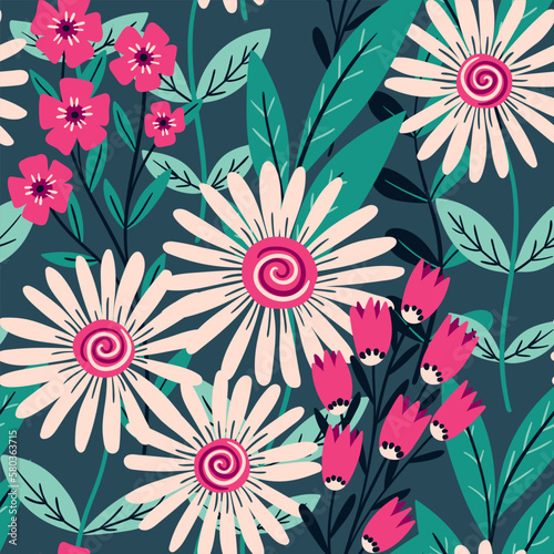 Seamless floral pattern, cute ditsy print with large chamomiles in blue, pink colors. Pretty botanical surface design with decorative hand drawn flora: wild flowers, leaves, twigs. Vector illustration