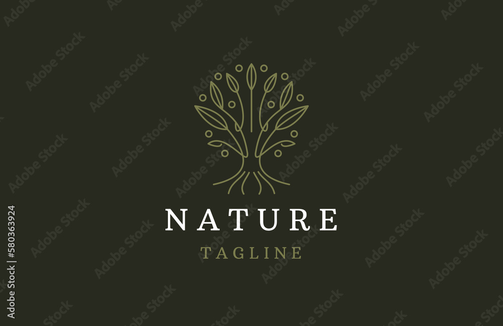 Line art tree logo design. tree and root vector template