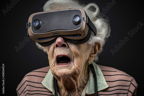 Generative AI image of astonished senior woman in virtual reality headset