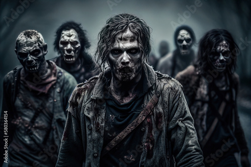 A horde of undead zombies slowly shuffling towards the camera, creating a chilling and ominous scene
