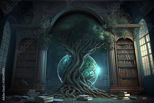Tree In Library Fantasy, Tree In The Library, Books, Fantasy, Generative Ai