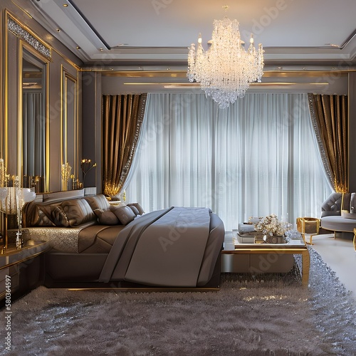 7 A glamorous and chic bedroom with a chandelier and dressing table3, Generative AI photo