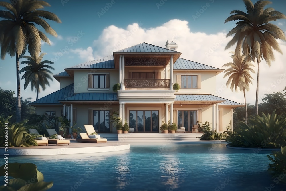 modern caribbean style house with pool, Generative AI
