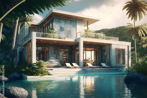 modern caribbean style house with pool, Generative AI © Anupam