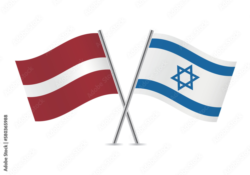 Latvia and Israel crossed flags. Latvian and Israeli flags on white background. Vector icon set. Vector illustration. Latvia and Israel crossed flags. Latvian and Israeli flags on white background. Vector icon set. Vector illustration.