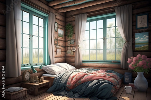Cozy Spring Bedroom In A Cabin With A Window, Spring Room, Spring Bedroom, Window, Cabin, Cozy Blankets, Generative Ai