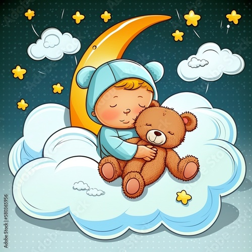 cartoon illustration, baby sleeping with teddy near the moon, white background, ai generative