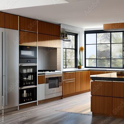 7 A midcentury modern kitchen with airy, open shelving 3, Generative AI