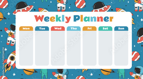 Week planner calendar schedule space style for kids concept. Vector graphic design element illustration