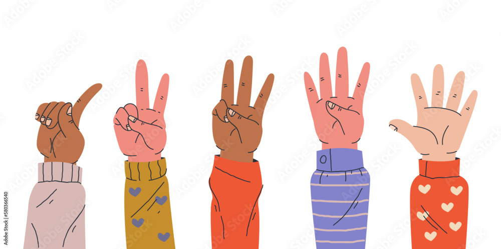 Fototapeta premium Hand finger count one two three four five concept set. Vector graphic design illustration element