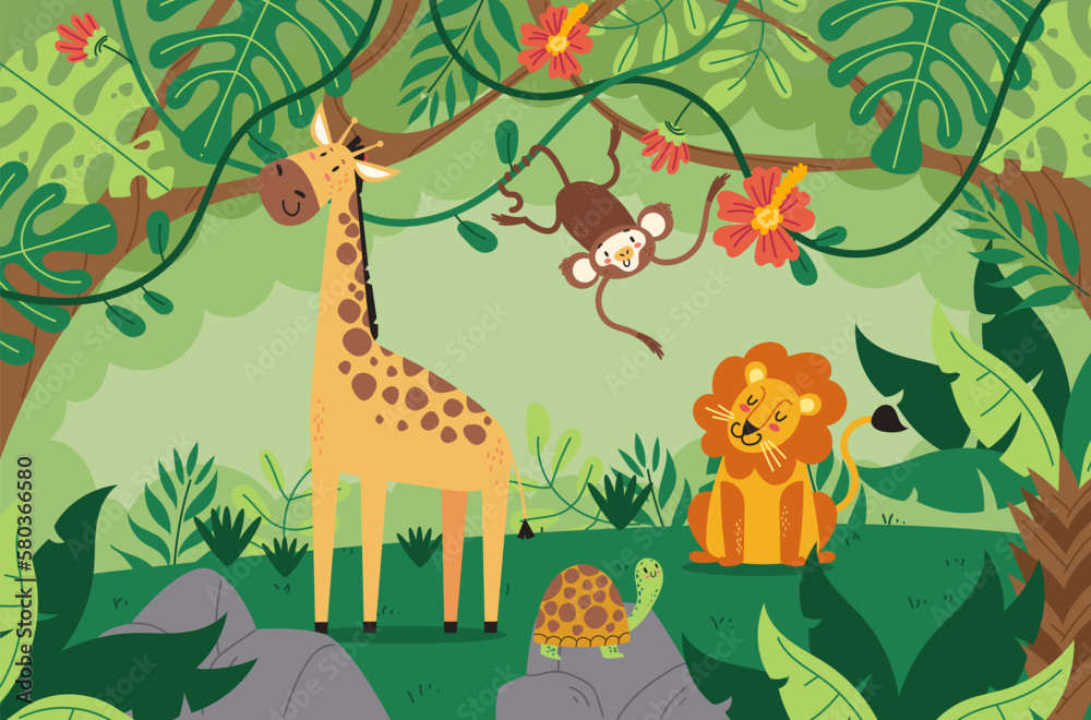 Animal jungle tree zoo wild nature cartoon concept. Vector graphic design illustration Animal jungle tree zoo wild nature cartoon concept. Vector graphic design illustration