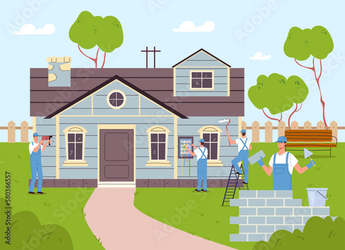 House building repair painting wall home renovate concept. Vector graphic design illustration element