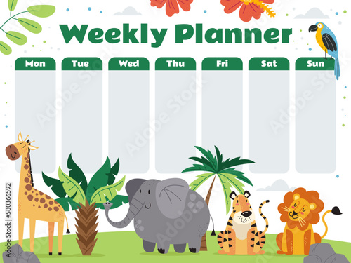 Photography Week kid planner animal calendar table cute banner jungle style concept