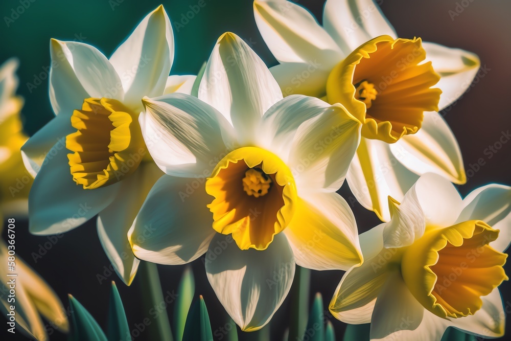 Yellow Daffodils close-up view. Spring Daffodils bloom. Spring flowers. Generative AI Yellow Daffodils close-up view. Spring Daffodils bloom. Spring flowers. Generative AI
