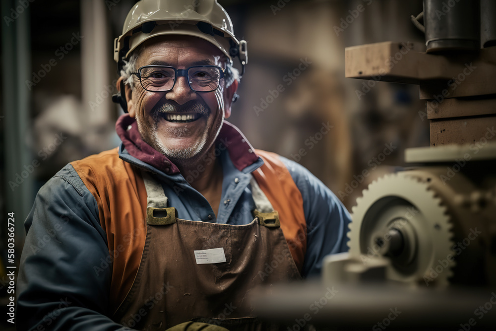 Retrato de hombre obrero maduro, en una fábrica, contento, con casco de seguridad y ropa de trabajo. Retrato de hombre obrero maduro, en una fábrica, contento, con casco de seguridad y ropa de trabajo.