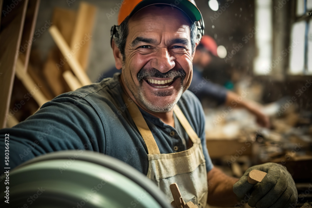 Retrato de hombre obrero maduro, en una fábrica, contento, con casco de seguridad y ropa de trabajo.